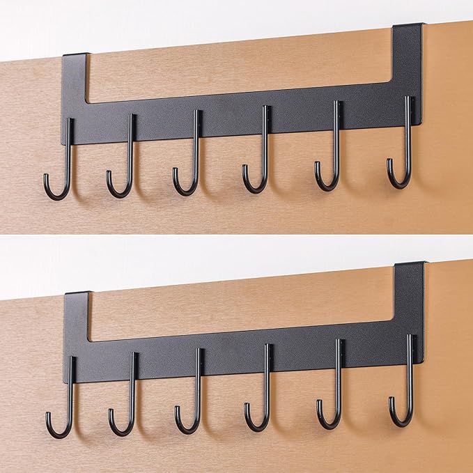 UDENIS Over The Door Hooks, Over The Door Hanger, Heavy Duty Metal Over The Door Towel Rack, Door Hooks for Hanging Coat, Towel, Bag, Robe - 6 Hooks(Matte Black 2Pcs)