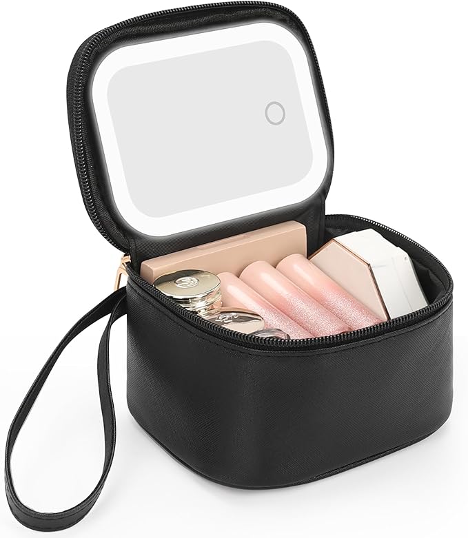 Relavel Mini Makeup Bag with Led Mirror, Small Cosmetic Bag with 3 Light Modes, Rechargeable Portable Makeup Pouch with Hands-Free Wrist Strap for Pool Parties丨Work Touch-Ups丨Travel - Black