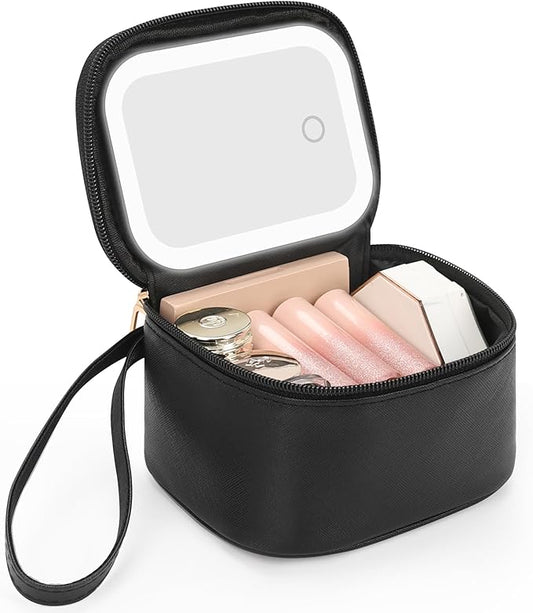 Relavel Mini Makeup Bag with Led Mirror, Small Cosmetic Bag with 3 Light Modes, Rechargeable Portable Makeup Pouch with Hands-Free Wrist Strap for Pool Parties丨Work Touch-Ups丨Travel - Black
