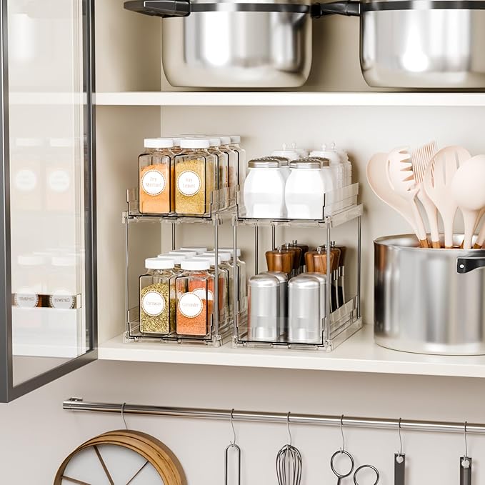 Yieach 4 Set Clear Pull Out Bathroom Organizers and Storage, 2 Tier Under Sink Organizer and Medicine Cabinet Organizer, Small Slide Out Drawers for Pantry, Under Cabinet, Kitchen Storage and Organization