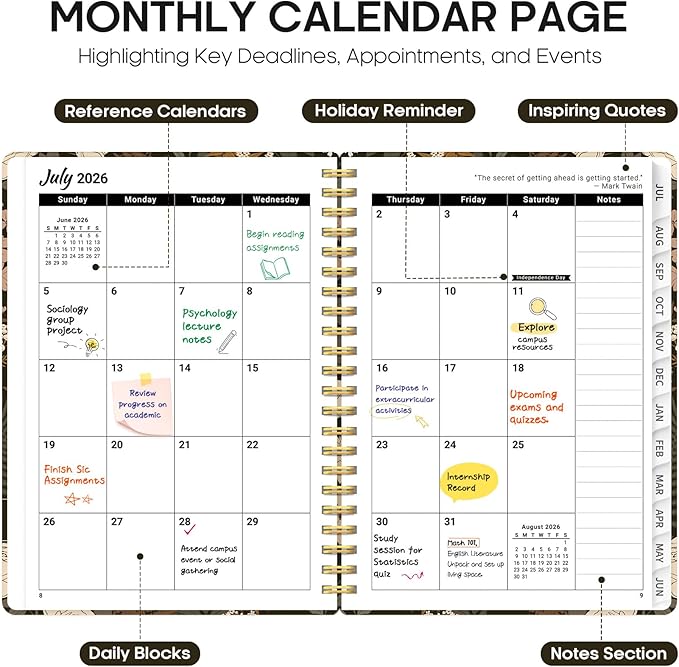Planner 2026-2027, Academic Year Monthly and Weekly Calendar Planner, Jul 2026 - Jun 2027, Hardcover Teacher Student Planning Agenda book with Tabs, Perfect for School Office Supplies, 8.5" x 11" - Wild Rose