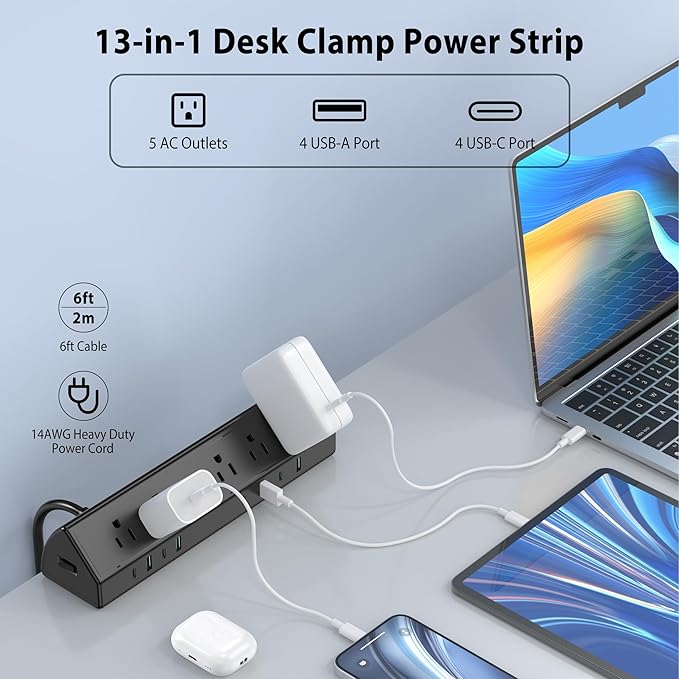 Jgstkcity Desk Clamp Power Strip, 45W Fast Charging Station, 4 USB-C, 4 USB-A, Desk Mount Surge Protector, 1875W Extension Cord with Multiple Outlets, ETL Listed, for Home Office Dorm Room