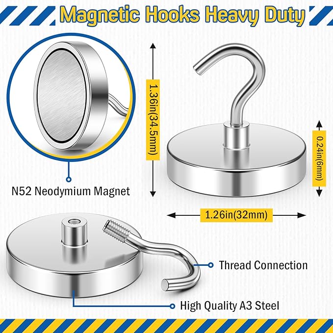 FINDMAG Magnetic Hooks, 110lbs Heavy Duty Magnetic Hooks for Hanging, Extra Strong Magnet Hooks, N52 Magnet Hooks for Cruise Travel, (6 Pack, Silver)