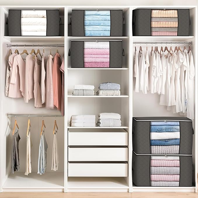 Budding Joy 90L Large Storage Bags, 10 Pack Clothes Storage Bins Foldable Closet Organizers Storage Containers with Reinforced Handle for Clothing, Blankets, Comforters, Bed Sheets, Pillows (Gray)