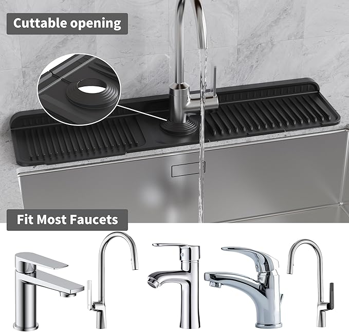 WAFT YEARN 24X5 Inch Silicone Durable Faucet Mat Kitchen Sink Splash Guard Draining Protector Tray Liner Absorbent Protective Counter Accessories For Sink Kitchen Bathroom Laundry Room Bar & RV Black