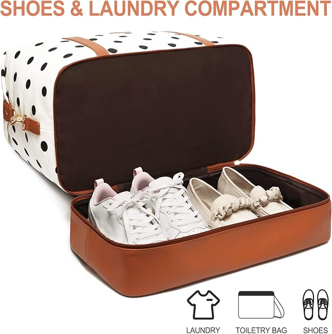 3Pcs Set Polka Dots Weekender Bags for Women Canvas Carry On Overnight Bag Travel Duffle Tote Bag for with Shoes Compartment, Brown