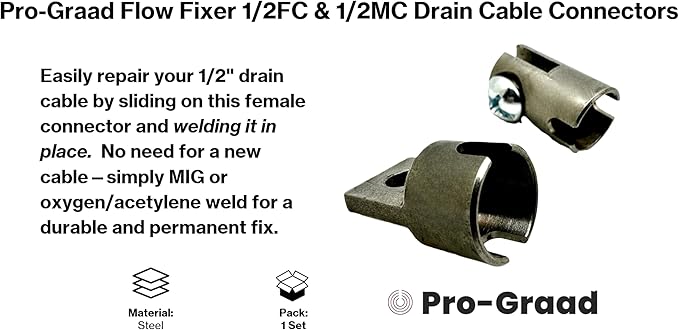 Flow Fixer 1/2” Slotted Drain Cleaner Cable Weld On Repair End, 1/2FC & 1/2MC MALE and FEMALE WELD-ON CABLE END REPAIR for 1/2" Cables. Fits All 1/2" O.D Cables, Hollow or Inner Core