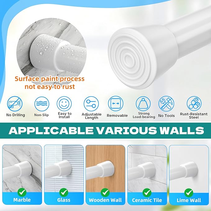 2pcs Shower Curtain Tension Rods 41-75 Inches Adjustable Spring Rod No Drill Anti-slip for Windows,Kitchen,Bathroom,Doors,Closet,Doorway 42 to 74 inch, White