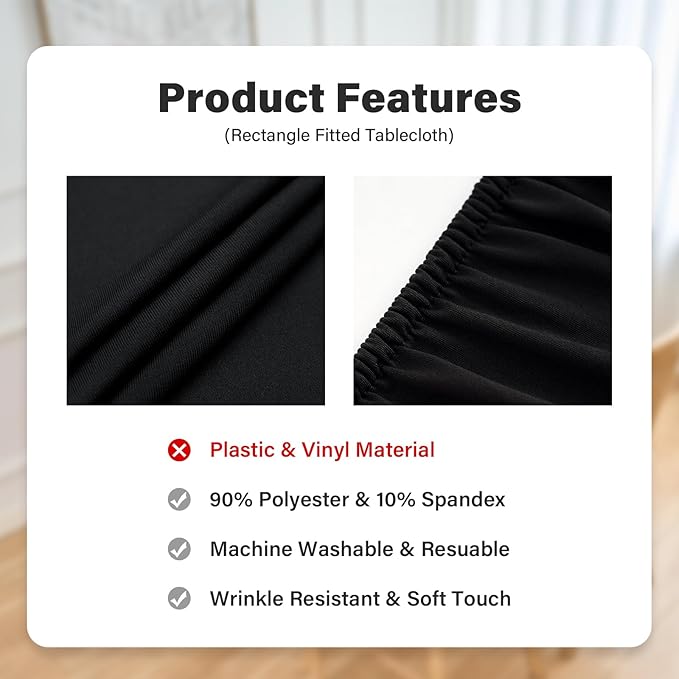 NEWISHER Fitted Rectangle Tablecloth 36 x 60 Inch Elastic Table Cloth Stretch Spandex Table Cover Black Washable Polyester Table Top Cap Cover for Dining Picnic Camping Indoor and Outdoor