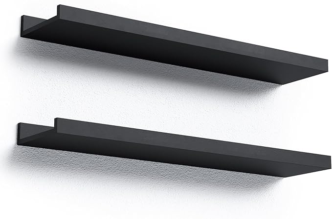 Long Floating Shelves, 2 Set Modern Black Wall Shelf for Bedroom, Nursery Book Shelf with Lip, Picture Ledge Shelf for Living Room Bathroom Kitchen - Black, 23.6 In