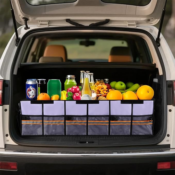 EAROND Car Trunk Organizer with Lid,Collapsible Car Storage Organizer with Multi Compartments and Securing Straps for SUV,Sedan,Jeep-Cyan