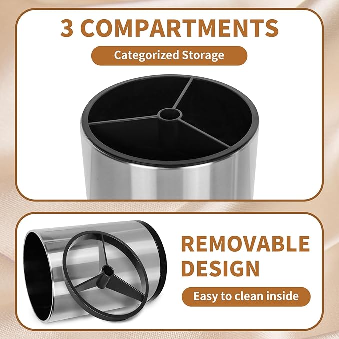 Extra Large Kitchen Utensil Holder, 360° Rotating Stainless Steel Cooking Utensil Holder for Countertop, 3 Compartment Flatware Organizer & Cooking Caddy with Removable Base (Silvery)