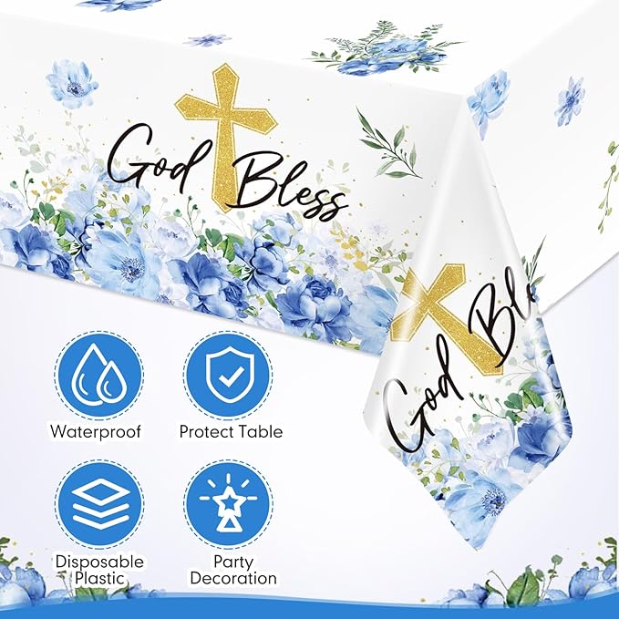 Ganeen 3 Pcs Baptism Tablecloth First Holy Communion Tablecloth Blue Boy God Bless Disposable Plastic Waterproof Cross Table Covers for Christening Baby Shower Religious Decor, 54 x 108 Inch