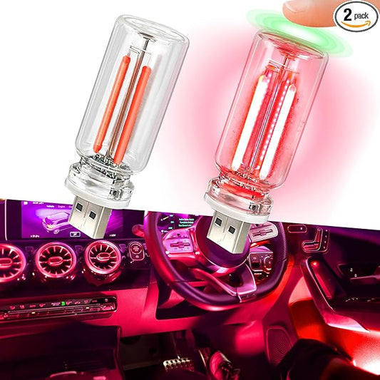 2PCS Car USB Night Lights, Touch Dimmable Vehicle Interior Ambient Lamp, Portable Retro Glass LED Light for Auto Decorations, Bedroom, Office, Travel, Camping, Gifts for Women and Men (Red)