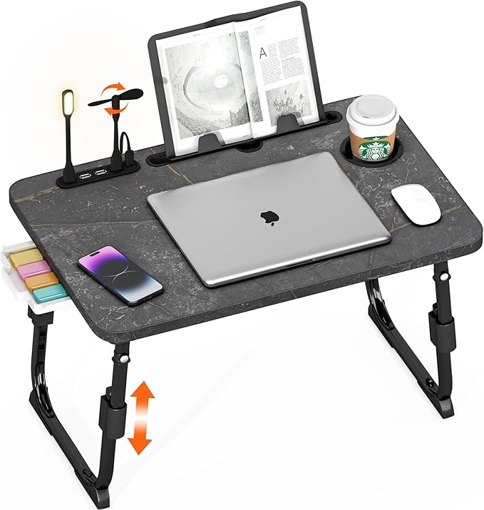 Laptop Desk for Bed, Height Adjustable, Lap Bed Table with USB/Storage Drawer/Cup Holder/Tablet Stand/Book Shelf, Foldable Breakfast Tray Portable for Reading Writing, Sofa & Floor, Deep Stone Texture