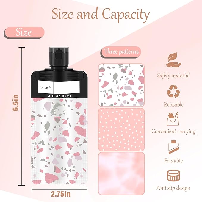 18 Pack Travel Pouches for Toiletries, TSA Approved Travel Pouches for Liquids, Travel Shampoo and Conditioner Pouches, Leak Proof 3oz Travel Squeeze Pouches (Pink)