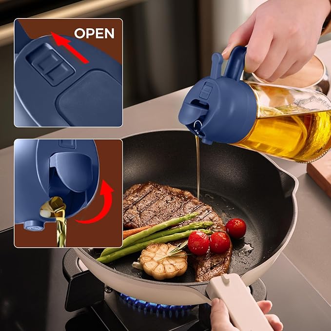 YARRAMATE 2Pcs 16oz/470ml Glass Olive Oil Sprayer for Cooking with Stickers, 2 in 1 Oil Dispenser for Kitchen Gadgets, Food Grade Premium Spray Bottle with Portion Control for Salad, BBQ (Black&Navy)