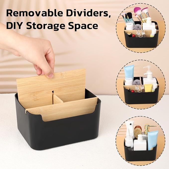 Segarty Black Desktop Organizer, Detachable Bamboo Remote Control Holder, Desk Storage Box Pencil Pen Holder Caddy for Office Home Bedside Nightstand Organization