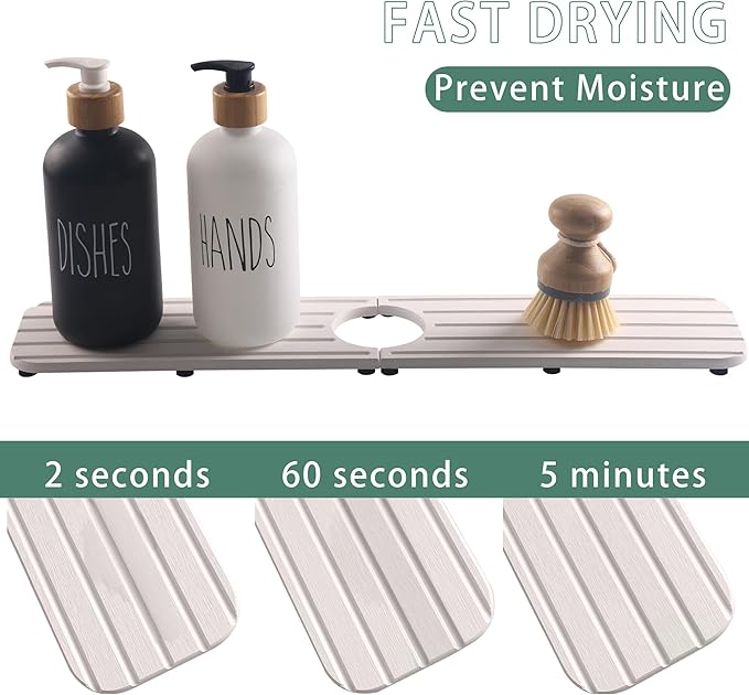20inch x 4inch Kitchen Sink Faucet Mat, Water Absorbing Stone Faucet Splash Guard for Bathroom Counter, Quick Drying Diatomite Tray for Kitchen Sink, White