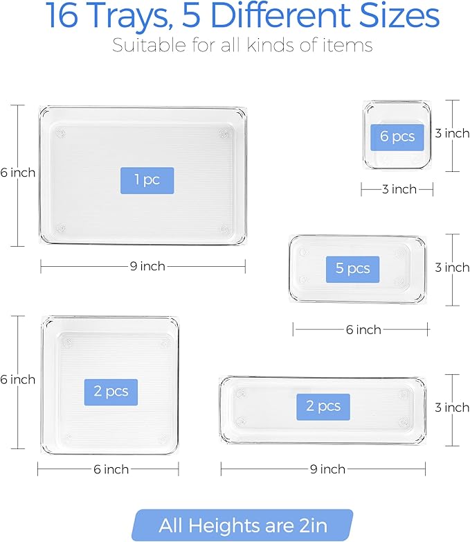 Ravinte 16 PCS Drawer Organizer Plastic Storage Bins, 5-Size Kitchen Drawer Organizer with Non-Slip Pads, Clear Desk Storage Tray for Makeup, Jewelry, Kitchen Utensils, and Office