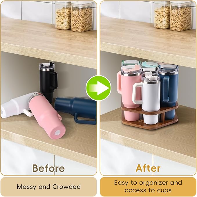 Water Bottle Organizer for Stanley 40 oz Tumbler, 7 Slots Rotatable Stanley Cup Organizer for Kitchen Cabinets, Wood Tumbler Organizer Holder for Stanley Cup Accessories Brown