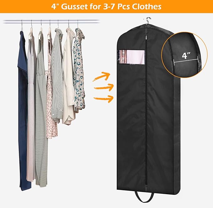 MISSLO 65" Gusseted Hanging Garment Bags for Travel Long Dress Cover Water Resistant Sturdy Fabric Dress Bags for Gowns Long Closet Clothes Protectors, Black