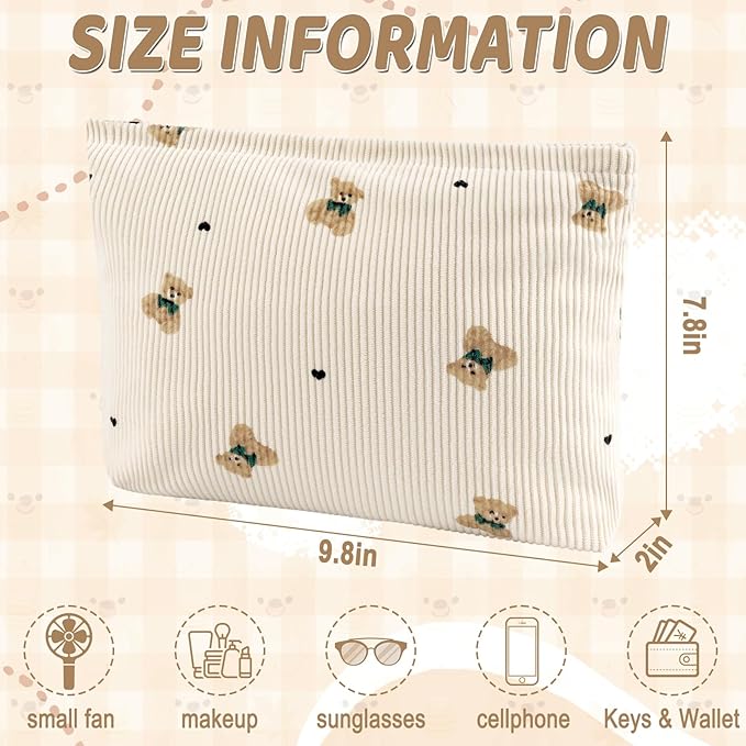 ZLFSQR Corduroy Makeup Bag for Women Small Corduroy Cosmetic Bag Large Cute Bear Travel Makeup Pouch for Purse White Cloth Cosmetic Pouch Zipper Storage Organizer Canvas Toiletry Bags