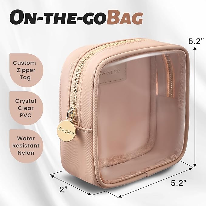 Aveniee Small Clear Makeup Bag, Mini Makeup Bag for Purse Organizer, Cosmetic Bag Travel Zipper Pouch for Women, Cute Car Accessories for Skincare Lipstick Essentials-Sand