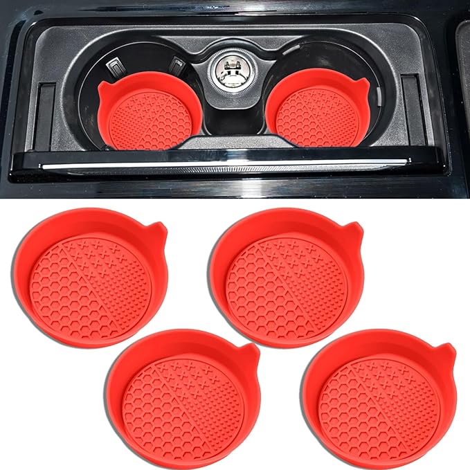 4PCS Car Cup Holder Coaster, Silicone Non-Slip Vehicle Insert Water Bottle Mat, Universal Insulation Drink Cup Pad Decor for SUV/Sedan/Truck, Automotive Interior Accessories (Red)