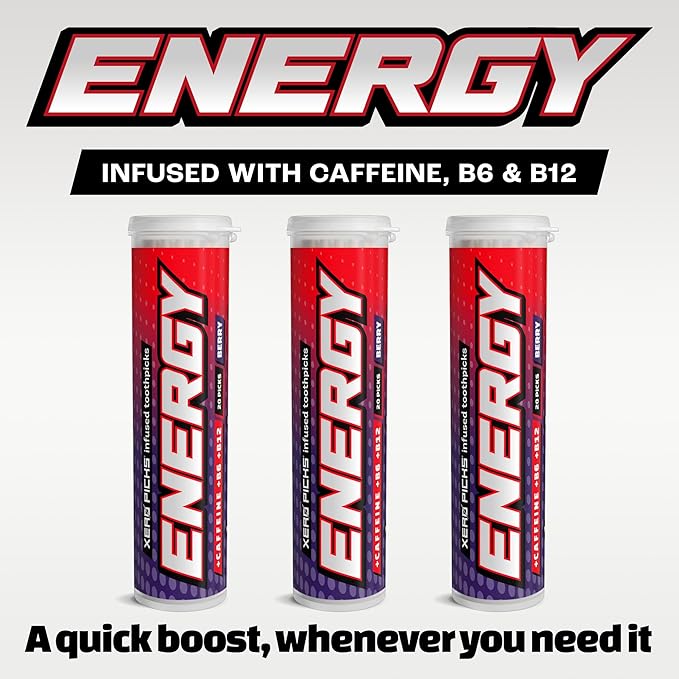 Xero Picks Energy Caffeine Flavored Toothpicks B12 for Focus & B6, 60 Picks (Pack of 3) (Berry) Sugar-Free Alternative to Energy Mints & Gum - Kosher