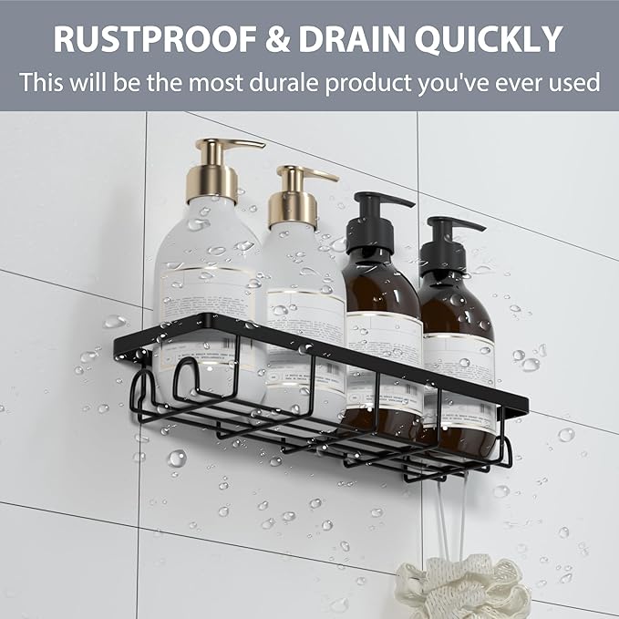 Shower Caddy Organizer with Hooks, Self-Adhesive Bathroom Shelves, No Drilling Bathroom Organizers and Storage, Perfect for RV, Apartment, Home Decor, 2 Pack Black