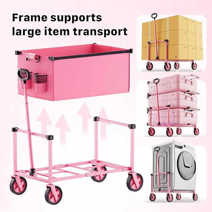 Collapsible Wagon Cart with Wheels, 150L Lightweight Foldable Utility Cart, Portable Rolling Wagon for Garden, Shopping, Sports, Camping, Transport, Pink