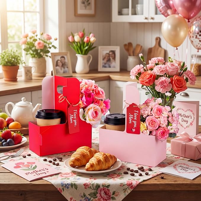 MotiMind 150 Pack Mother's Day 2 Cup Drink Carrier with Handle, Kraft Paperboard Teacher Cup Holder Portable for Hot Cold Drinks, Coffee Carrier Gift with Heart Card Rope (Red,Pink)