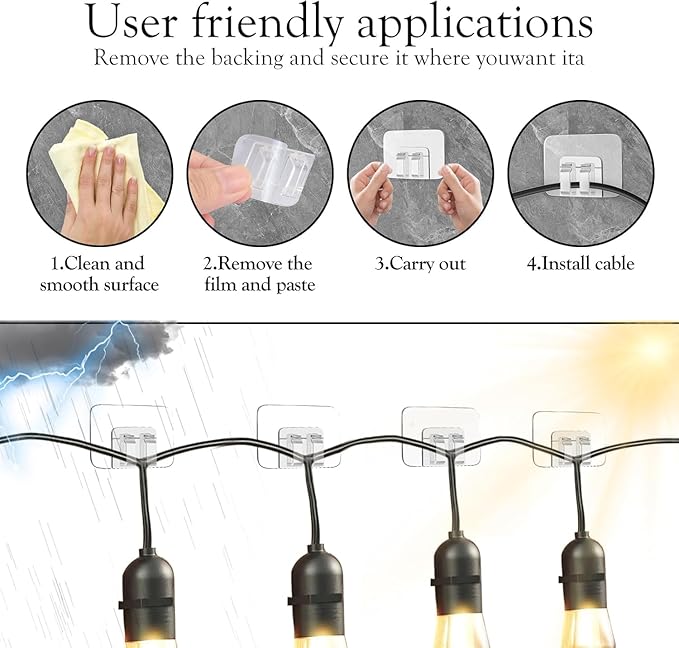Hooks for Outdoor String Lights Clips: Heavy Duty Cable Clips with Waterproof Adhesive Strips for Hanging Christmas Lights - Outdoor UV-Resistant Clear Sticky Cord Holders Rope Organizer (300)