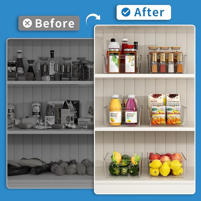 Pantry Organizers and Storage, 8 Pack Snack Organizer for Pantry Shelf, Food Storage Bins with Dividers, Clear Containers for Organizing, Transparent Plastic Basket, Refrigerator and Fridge Bins
