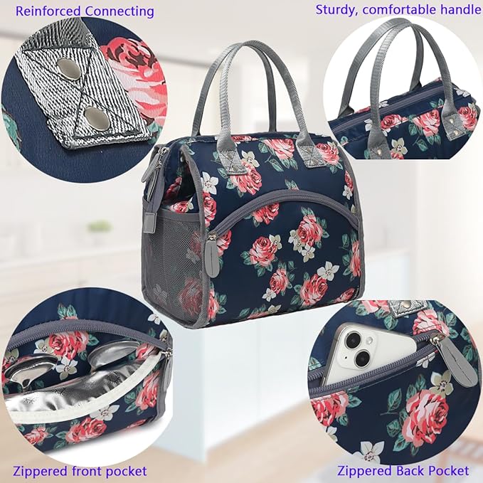 FlowFly Insulated Lunch Bag for Women, Men, Large and Reusable, Handle, Work and Travel Tote and Meal Prep Organizer, Rose