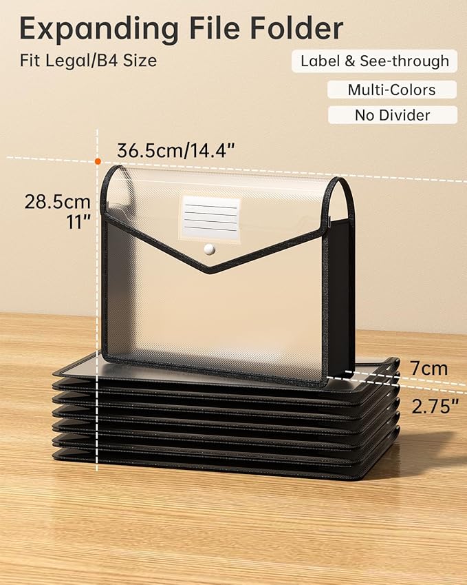 Plastic Expanding File Folder, Transparent envelopes with Snap Closure, No Dividers, Large Capacity, Black File Folder Organizer Holder, Bills&Taxes, Letter/A4 Size for School/Office/Home-7 Pack