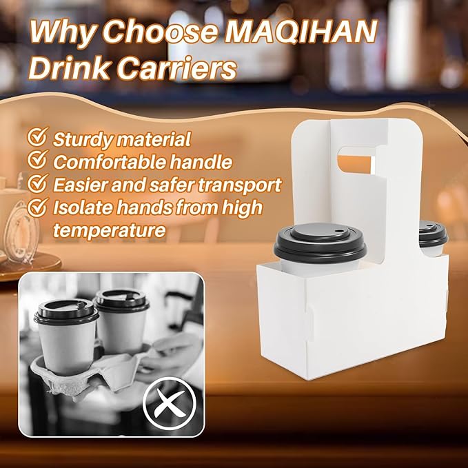 MAQIHAN 2 Cup Drink Carrier with Handle - 12Pcs Disposable Paper Cardboard Coffee Cup Holder Portable Drink Caddy Cup Carriers to go Cup Holder Food Delivery Accessories for Hot/Cold Drinks (White)
