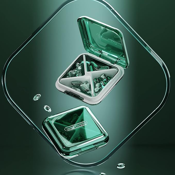 DUBSTAR Daily Pill Organizer,4 Compartments Portable Travel Small Pill Case, Pill Box for Purse Pocket to Hold Vitamins,Cod Liver Oil,Supplements and Medication (Green)