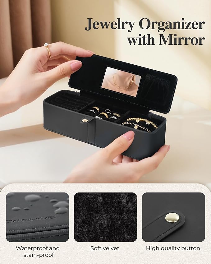 Travel Jewelry Organizer Box – Leather Jewelry Case Gift for Women and Girls – Jewelry Organizer and Storage with 5 Anti-Tarnish Velvet Pouches & Mirror – Portable for Trips and Daily Use