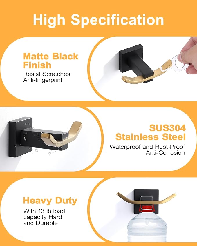 WOWOW Towel Hooks for Bathrooms Black and Gold, SUS304 Stainless Steel Coat Hook, Bathroom Robe Towel Holder, Heavy Duty Robe Hooks, Bathroom Double Towel Hooks for Coats, sponges, Wall Mount