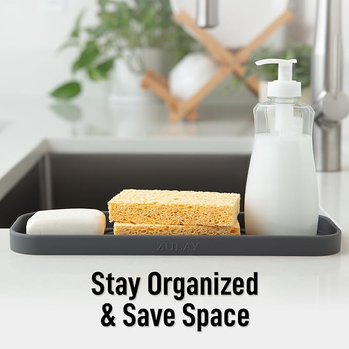 Zulay Kitchen Large Silicone Sponge Holder (12x4) – Flexible Sink Organizer Tray for Kitchen & Bathroom – Multipurpose Soap Dish for Sponges, Makeup, Trinkets & More (Grey)