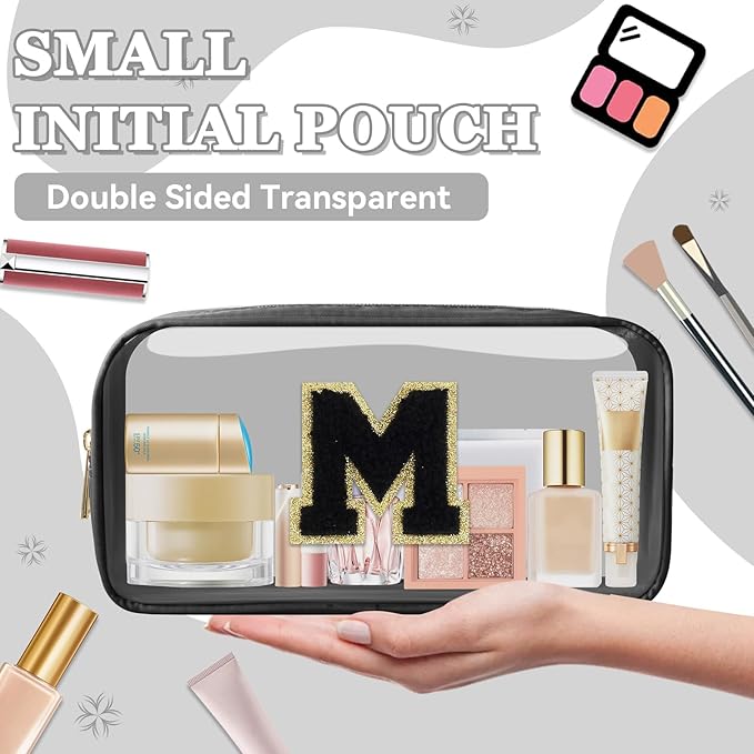 Small Clear Personalized Initial Makeup Bag,Nylon Preppy A-Z Chenille Letter Patch Cosmetic Pouch Beach Toiletry Bag,Waterproof Zipper Travel Purse Storage Bag Organizer for Women Girls(Black-Black M)