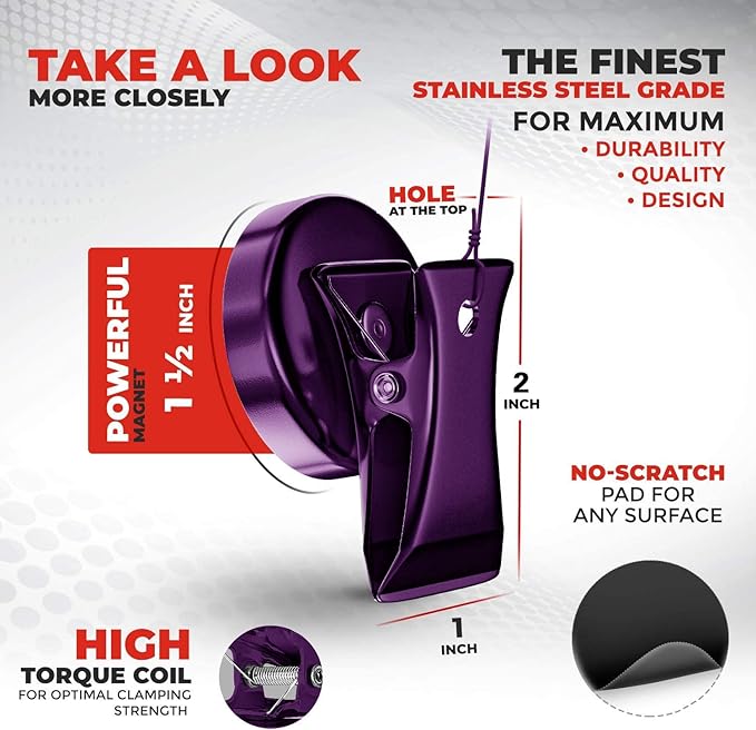 Force Magnet - Magnetic Clips Pack of 10 - Premium Quality Super Strength Magnet Clips with Anti-Scratch Pads - Make Notes, Remember Appointments, and Hang Keys on Metal Surfaces - Heavy Duty (Purple)