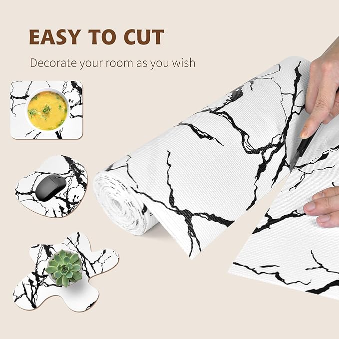 2-Layer Drawer and Shelf Liner for Kitchen Cabinet: 17.3in X 20Ft Non Slip Waterproof Shelf Paper Non Adhesive Refrigerator Liners White/Black Marble Easy Liners for Bathroom with Knife Tape Measure