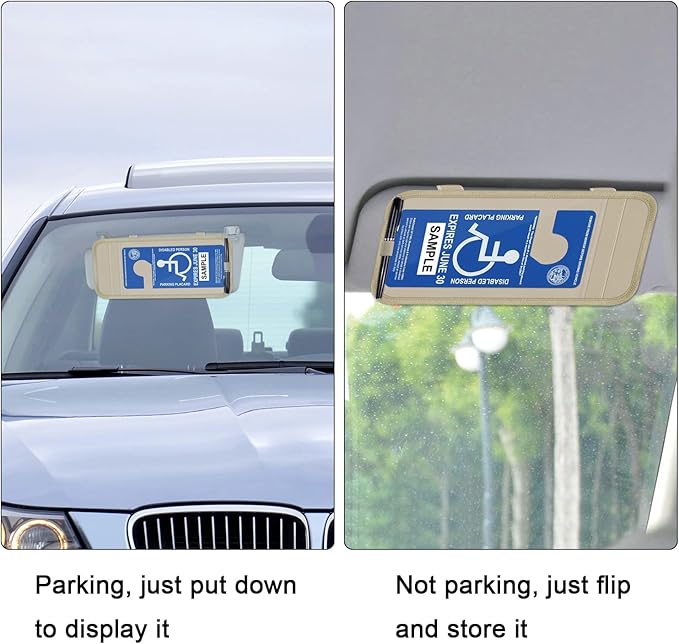 Handicap Placard Holder for Auto, Wisdompro Disabled Parking Permit Sign Protector for Car Sun Visor with Note Paper Slot, Pen Holder and Elastic Strap - Khaki