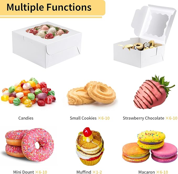 WINKIO 12 Pieces Cookie Boxes with Window, 6×6×3 Inches Treat Boxes for Bakery Dessert Pastry Mini Cake Favor Donut Baked Goods (White, with Stickers)