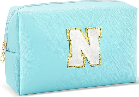 Gifts for Girls Initial Makeup Bag Personalized Cosmetic Bag with Zipper Cute Travel Toiletry Bag Waterproof PU Preppy Makeup Pouch Birthday Gift for Teen Girls Women(Blue N)