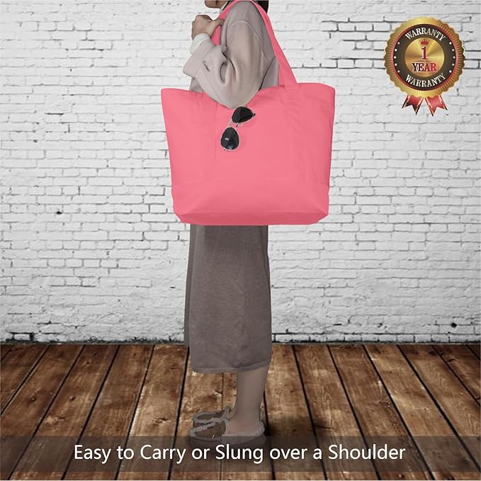 TOPDesign 3-Pack Canvas Tote Bags with an External Pocket, Reusable Grocery Shopping Bags, Top Zipper Closure, Daily Essentials (Rose Pink)