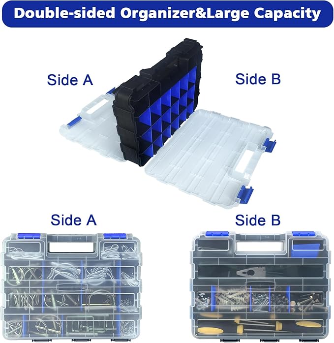 Tools Organizer Box Small Parts Storage Box 50-Compartment Double Side Hardware Organizers with Removable Plastic Dividers for Screws, Nuts, Nails, Bolts, Blue